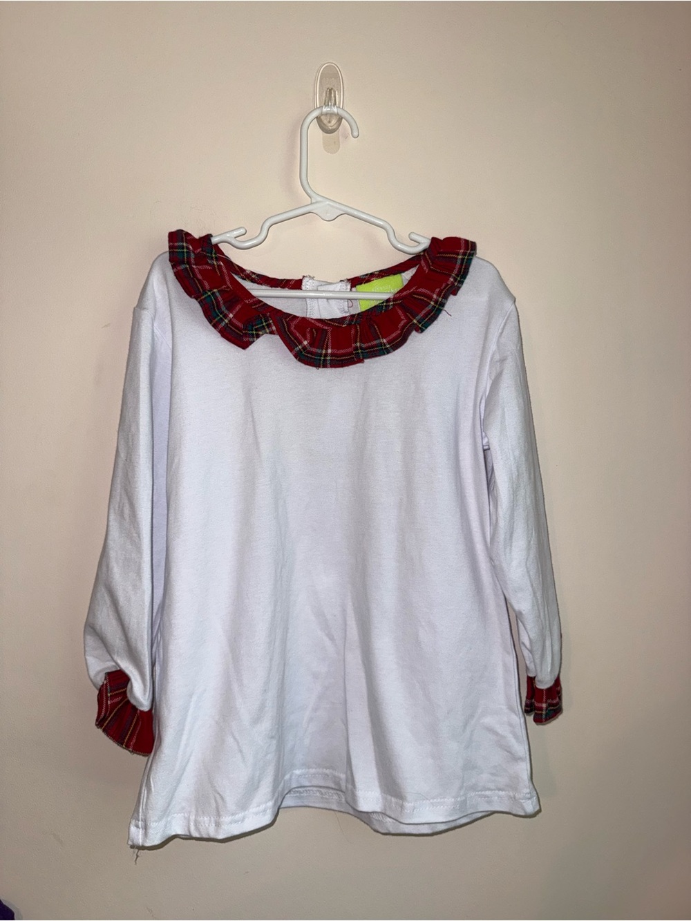 Girls White Long-Sleeve Tee with Red Plaid Ruffle Collar